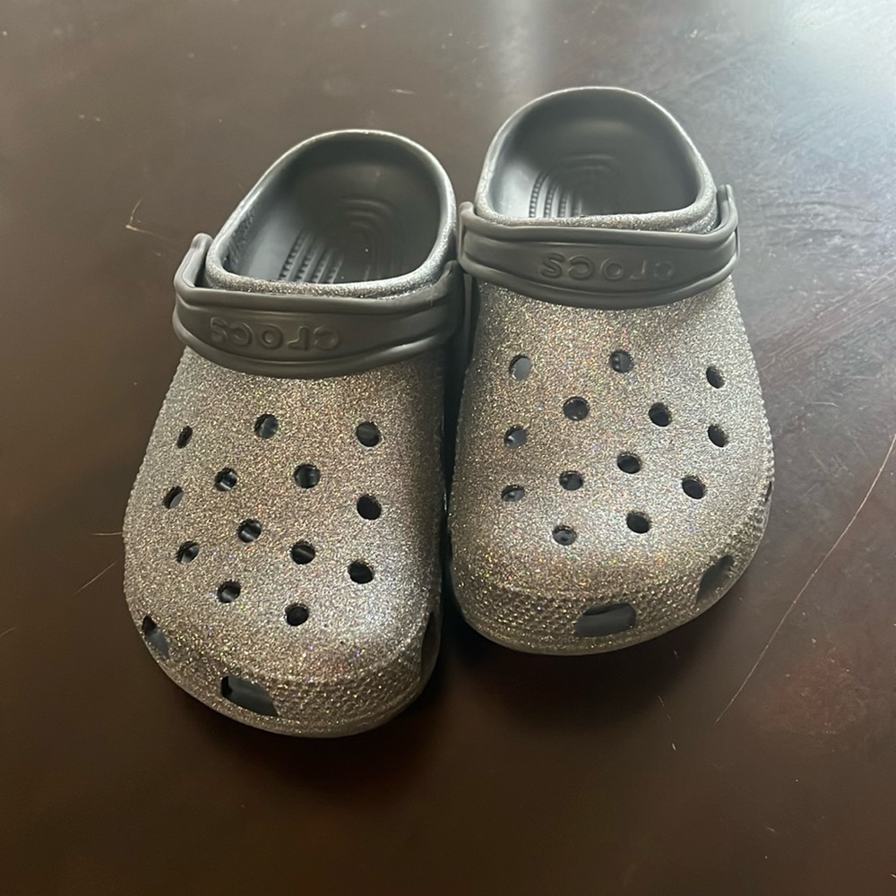 Glitter crocs - silver - size J 3 - new however some glitter rubbed off in back
